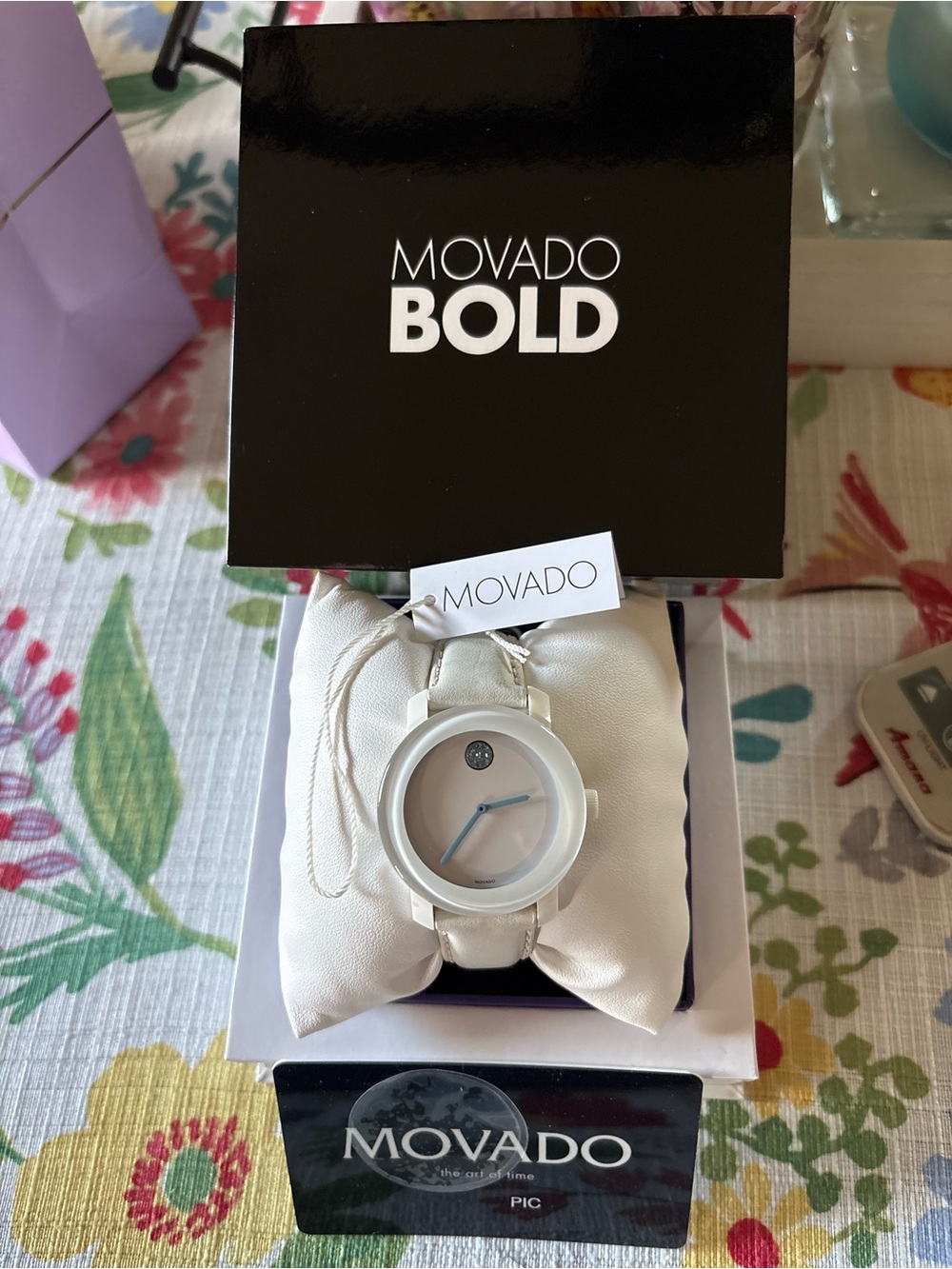 Movado Bold White Watch with Blue Hands